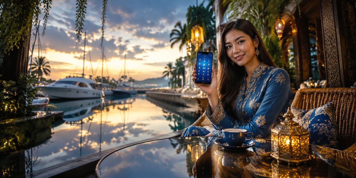 Pengguna Malaysia dalam pakaian baju kurung membuat deposit untuk tuntutan bonus
